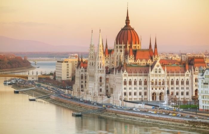 an overhead shot of the danube river promenade in Budapest Hungary by day